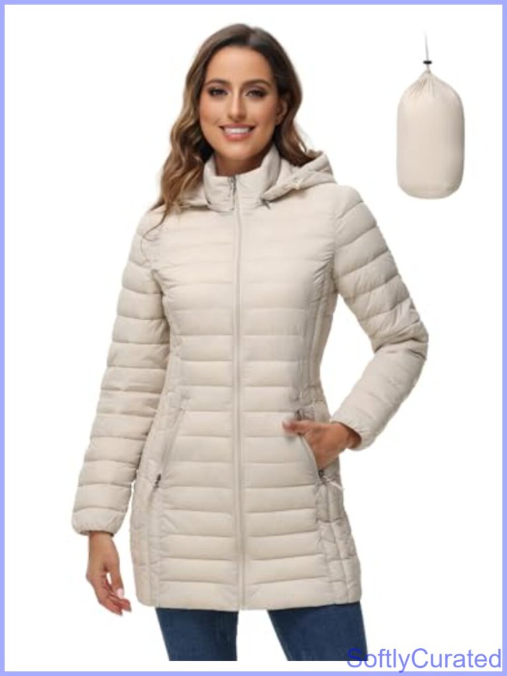Lightweight Packable Puffer Jacket Hood Long Quilted Travel Coat Pockets